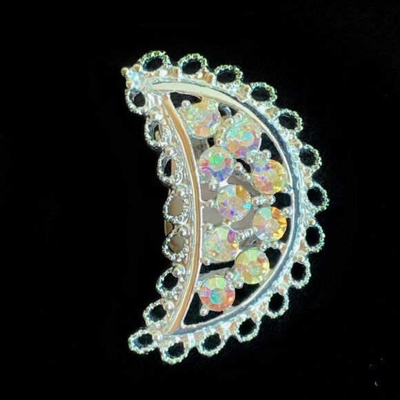 Emmons vintage ab rhinestone filagree leaf earrings and  matching pin set mint - Picture 4 of 16